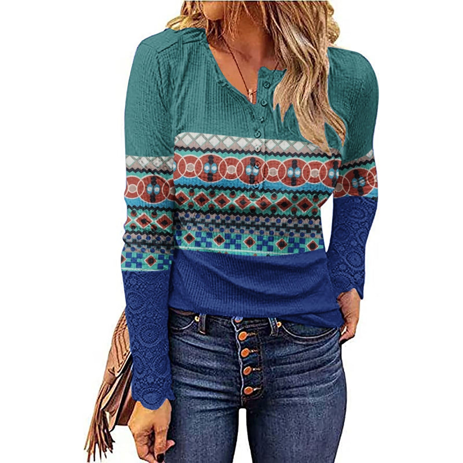 Autumn Winter Geometric Print Western Ethnic Style Casual Pullover V Neck Button Long Sleeve Shirt