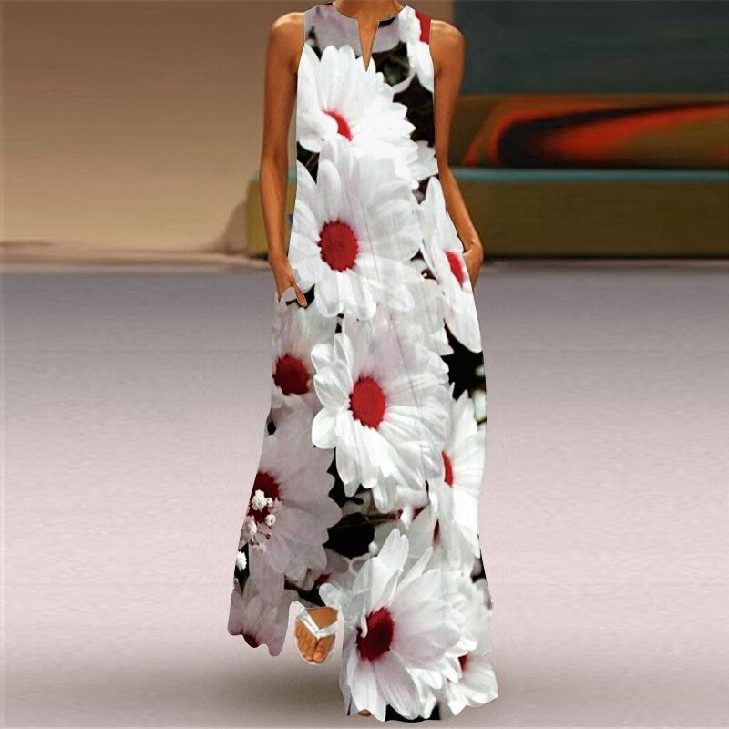 Spring Summer Sleeveless V-neck Casual Elegant Print Vintage Dress