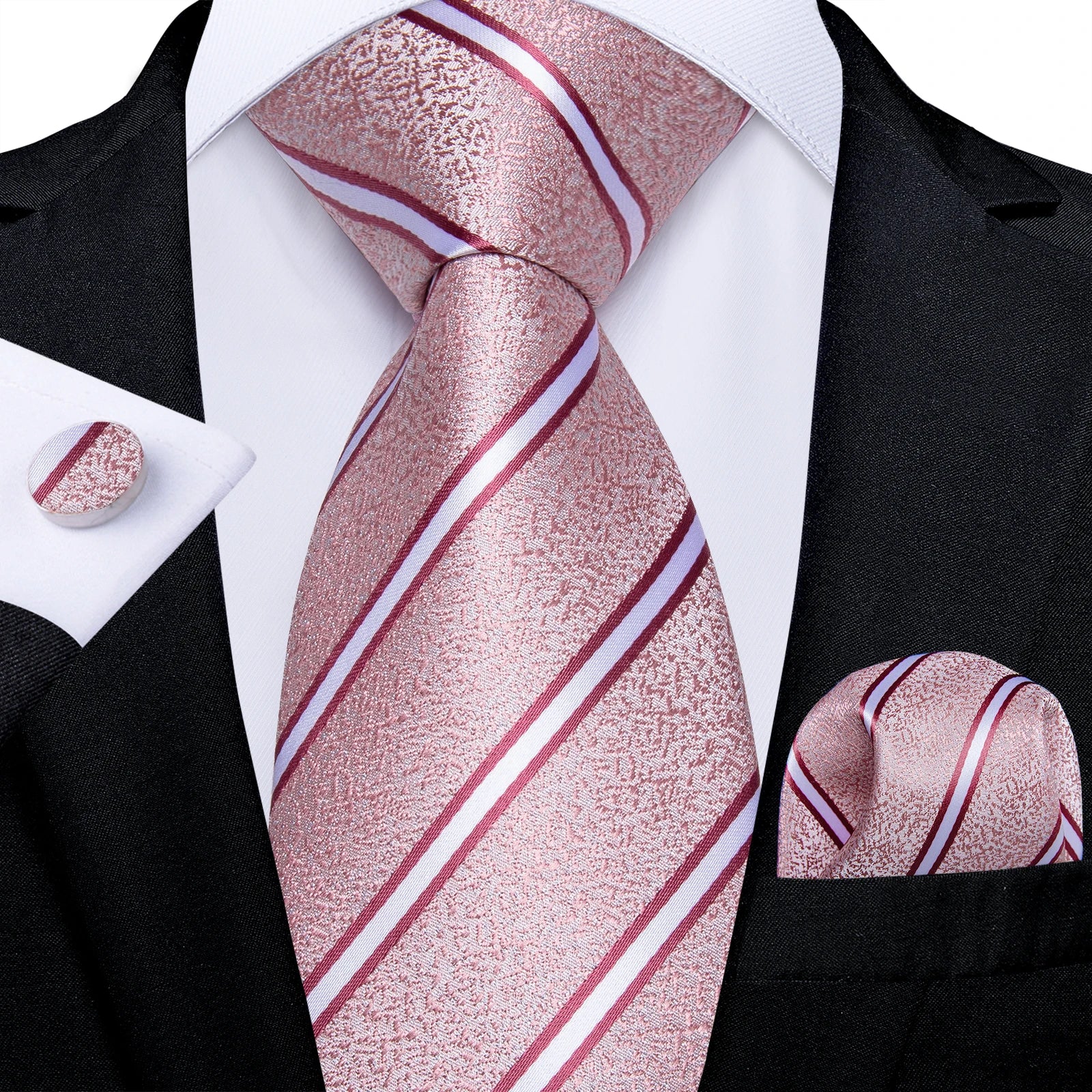 Teal Blue & White Striped Silk Tie Set for Men