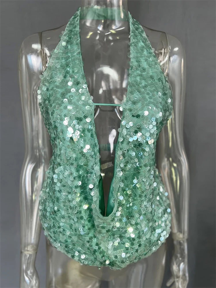 Summer Sequin Sexy Backless V-Neck Hollow Out Patchwork Glitter Tank Top