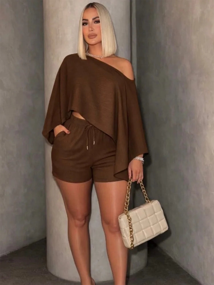 Elegant Off-Shoulder Two-Piece Set – Loose Top &amp; Short Skirt Matching Suit