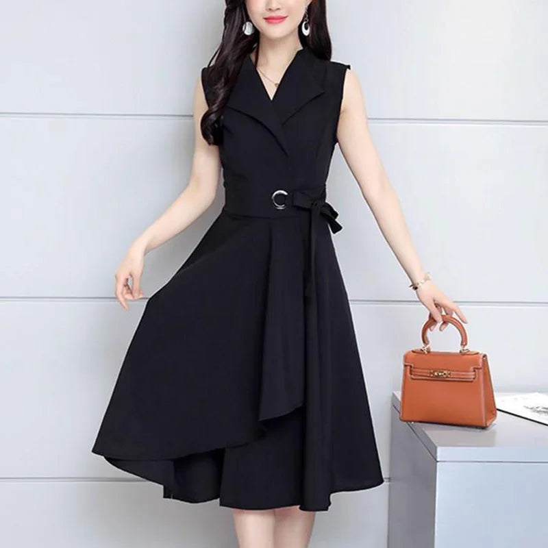 Elegant Solid Color Spliced Loose Bandage Bow Sleeveless Dress