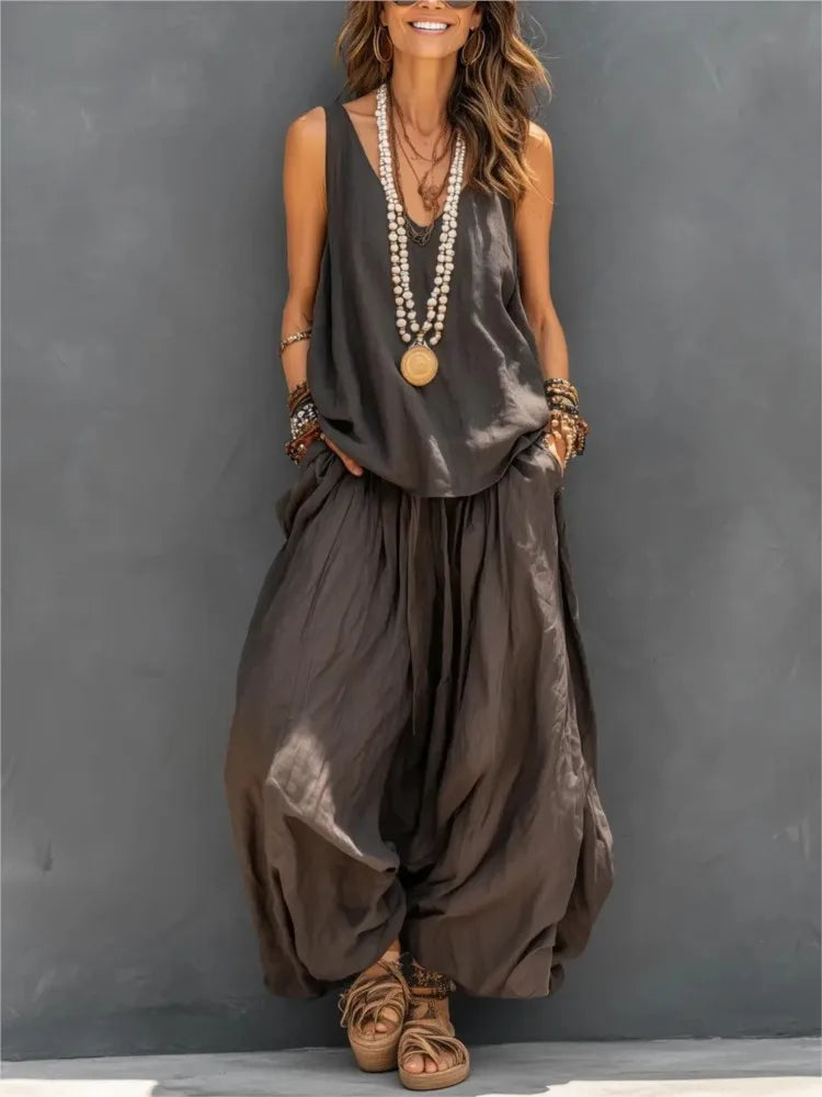 Casual Cotton Linen Vest Trousers 2-piece Summer New Fashion Loose Retro Simple Women's Vacation Wide-leg Trousers Set 2026