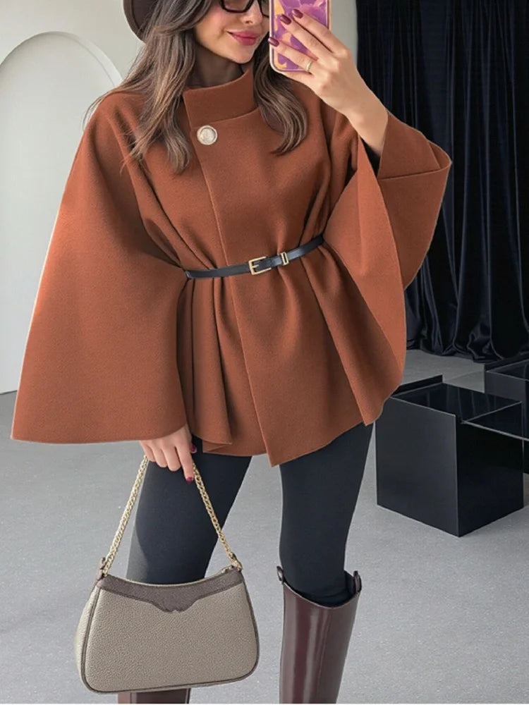 Elegant Woolen Cape Coat for Women – Belted, Fitted Waist, Winter Chic One-Piece