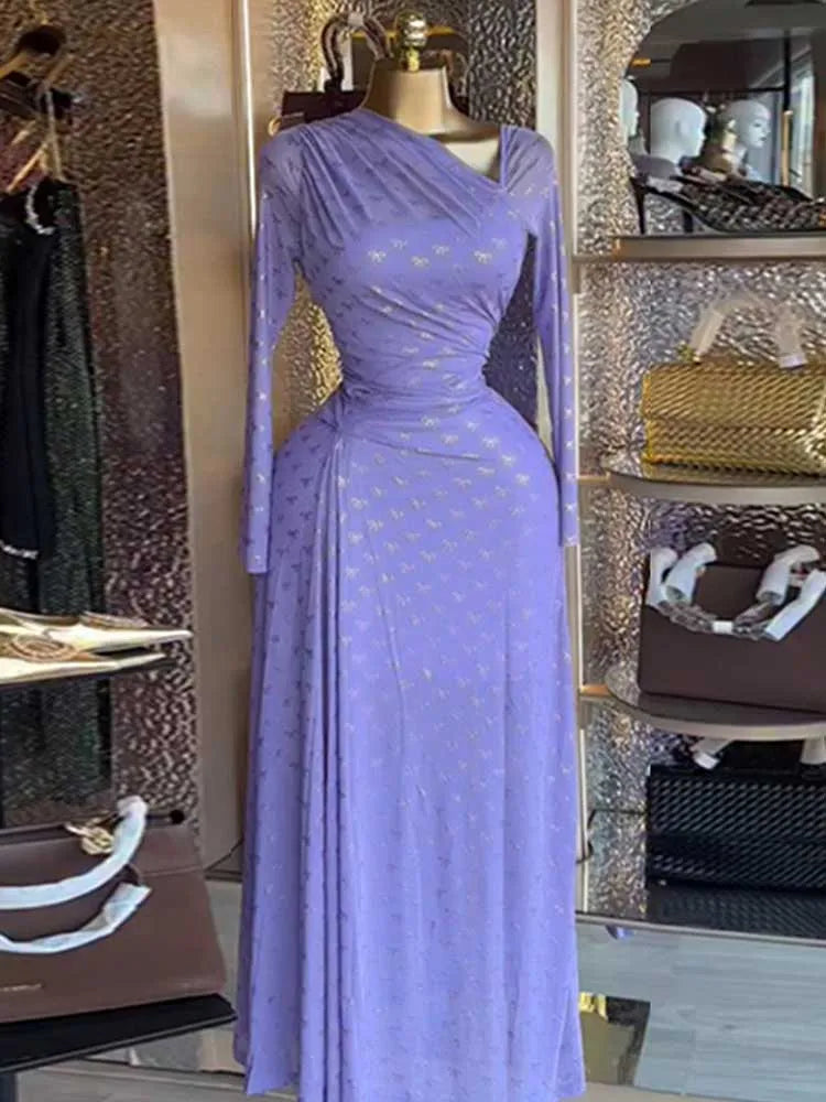Long Elegant Purple Long Sleeve Slimming Dress