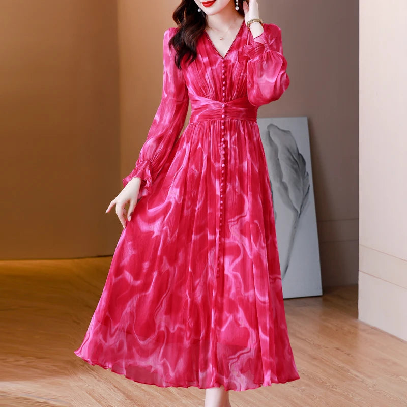 Summer New Long sleeved V-Neck French Silk Lace Splice Printed Waist Slim Over Knee Long Dress