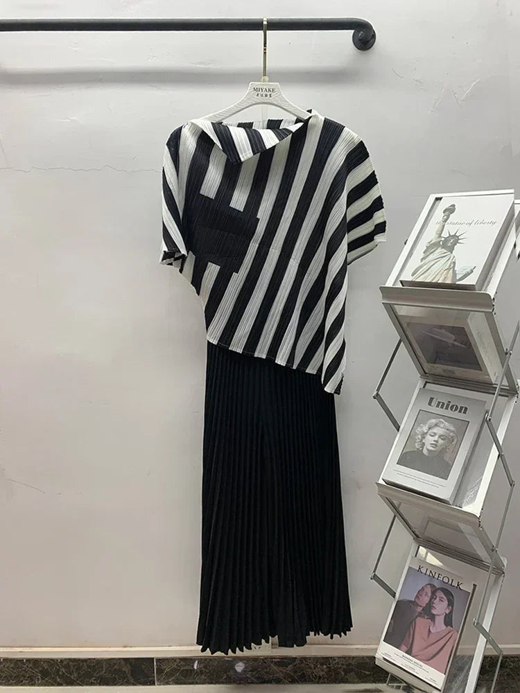 Striped Pleated Contrast Color Irregular Belt Tops + Long Pants