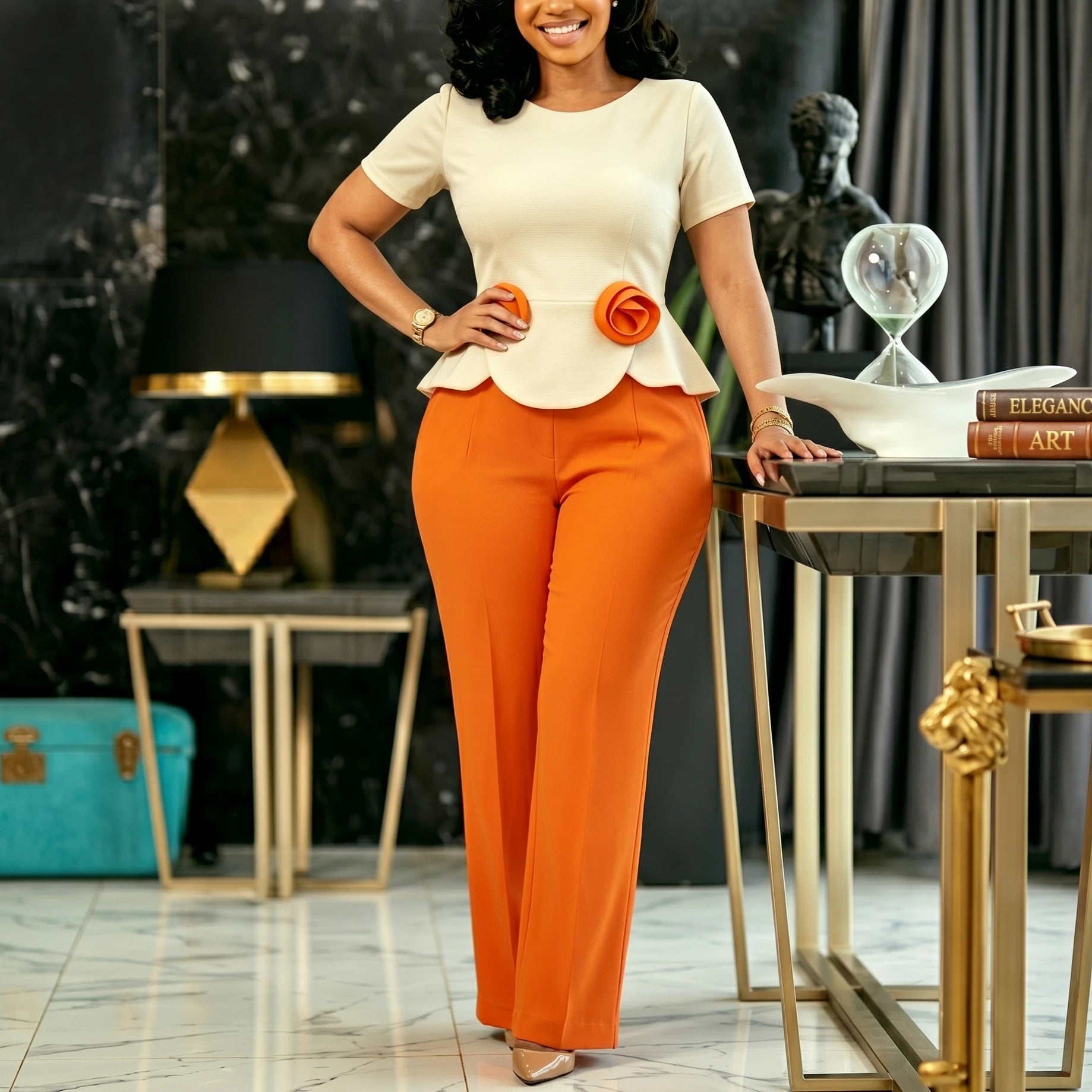 Women’s Colorblock 3D Flower Peplum Jumpsuit – Elegant Wide-Leg One-Piece for Office, Church & Special Events