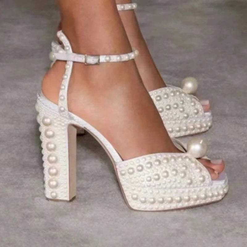 Handmade Beaded Thick Heel Fish Mouth Sandals
