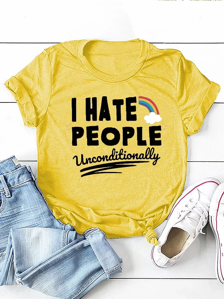 I Hate People Rainbow Print Women  Short Sleeve O Neck T Shirt