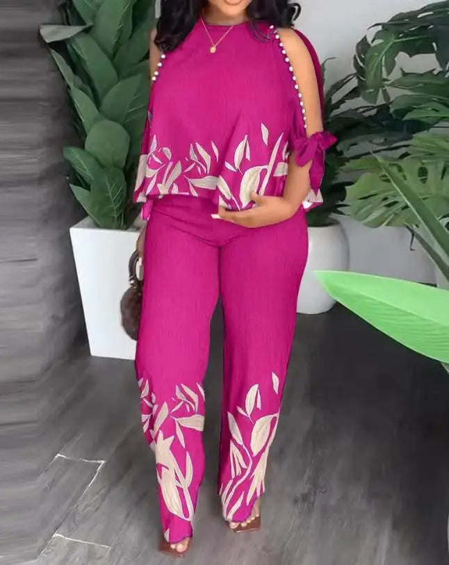 Plus Size Fashion Short Sleeve Crew Neck Beaded Positioning Printed Tops + Straight Pants