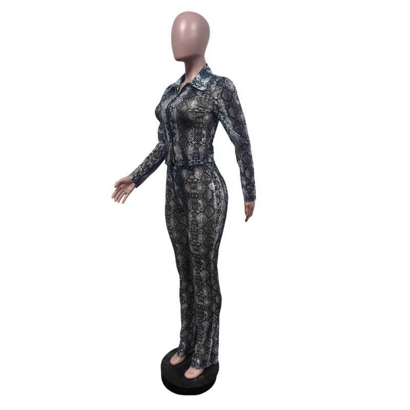 Snakeskin Print Club Wear Mesh Sheer Long Sleeve Double Zipper Top and Flare Pants