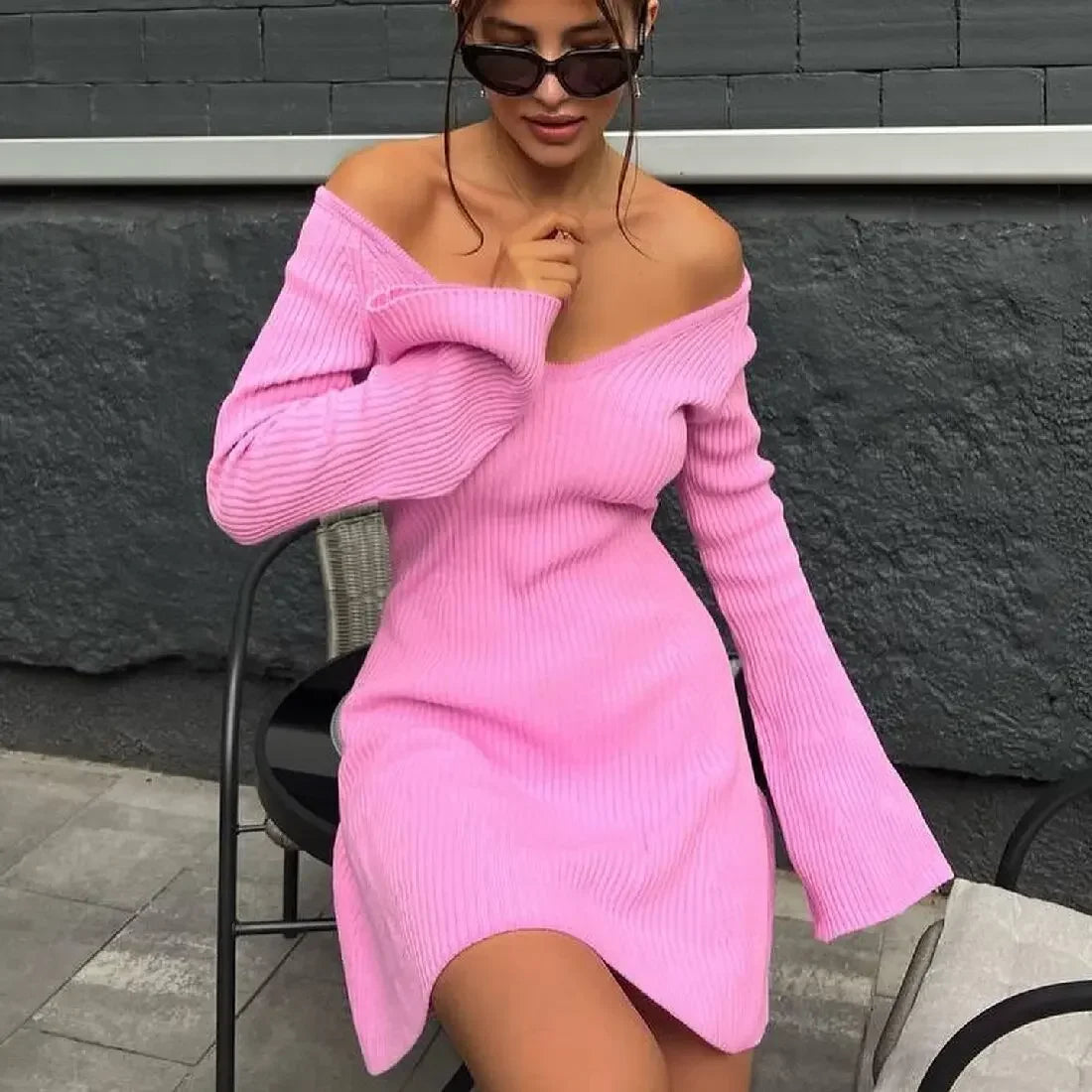 Knitted Off Shoulder V Neck Mini Dress