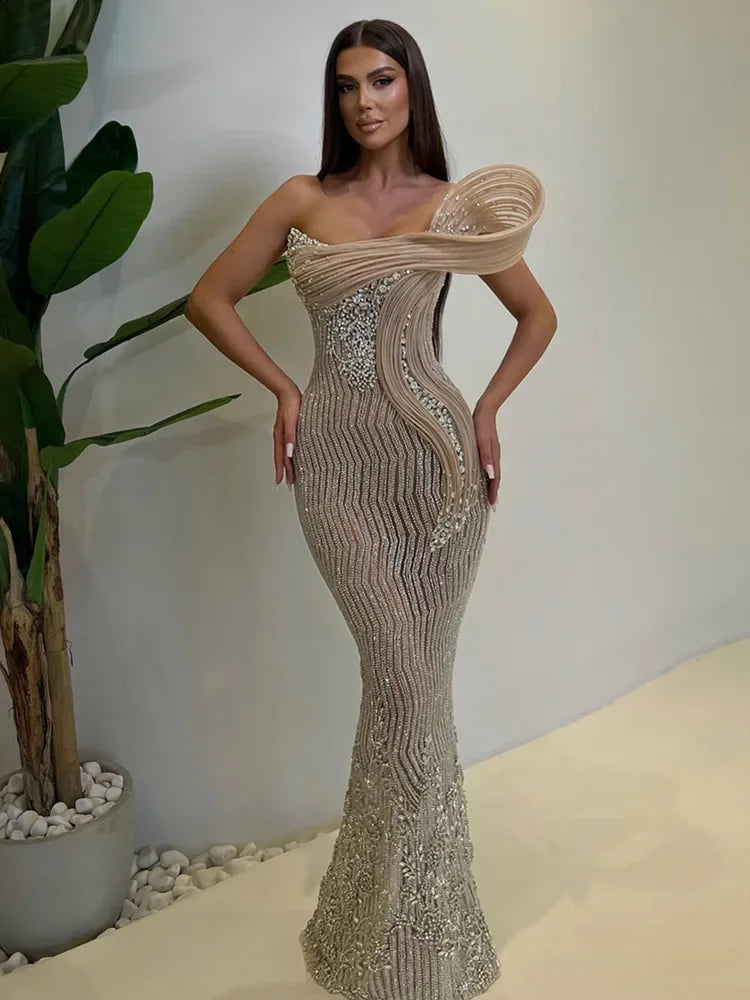 Sexy Strapless Sequins Diamonds Crystal Sparkly Maxi Long Gowns