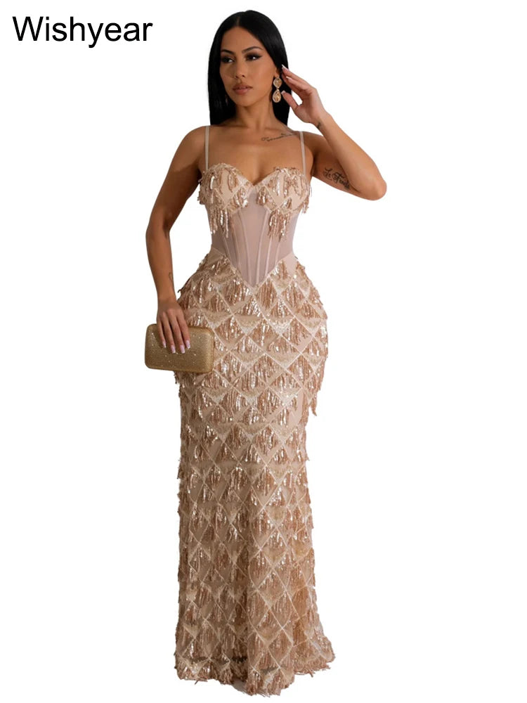Sequined Spaghetti Strap Mesh Patchwork Bodycon Dress