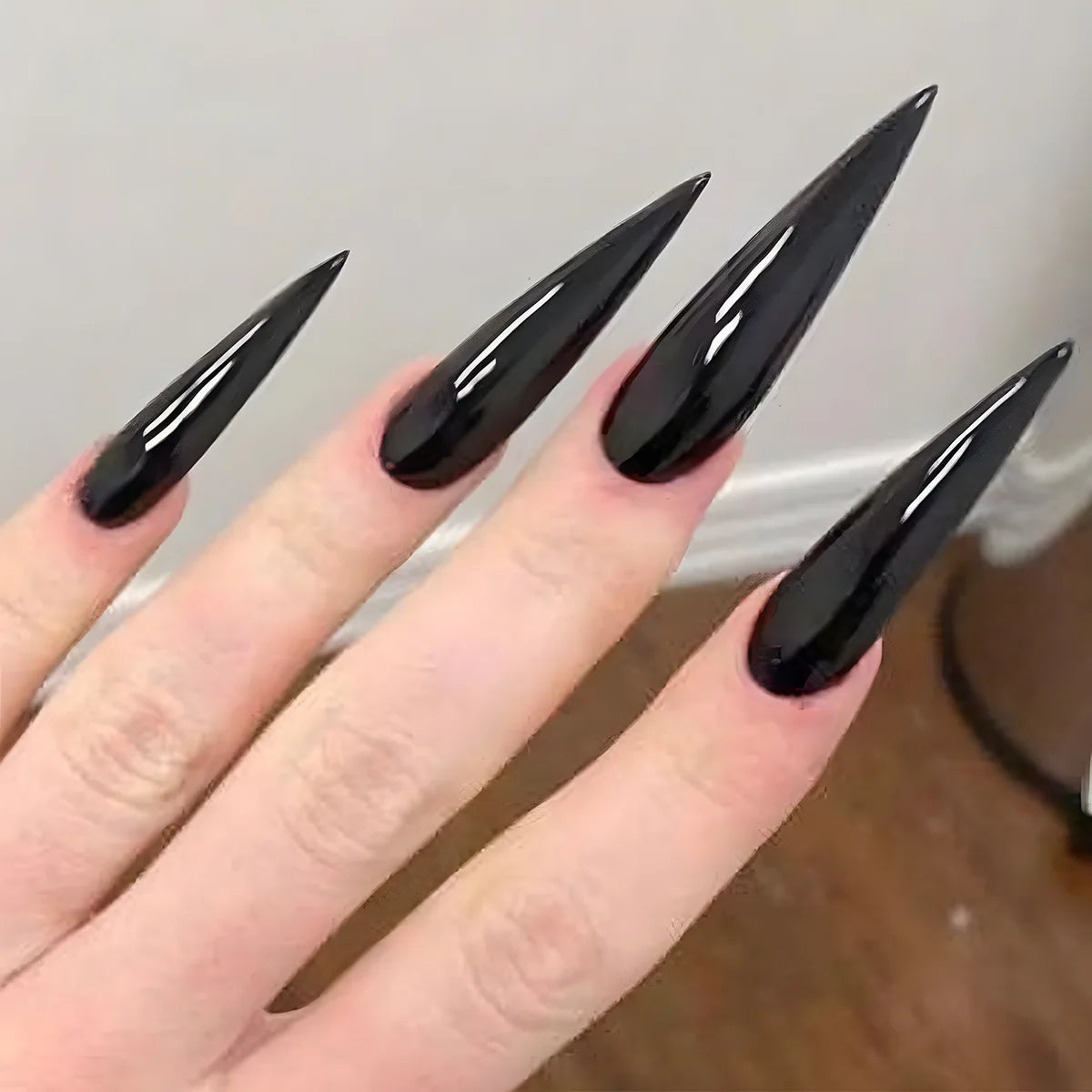 24Pcs Black Fake Nails with Diamond Halloween Long Almond False Nail Butterfly Design Wearable Oval Press on Nails Tips