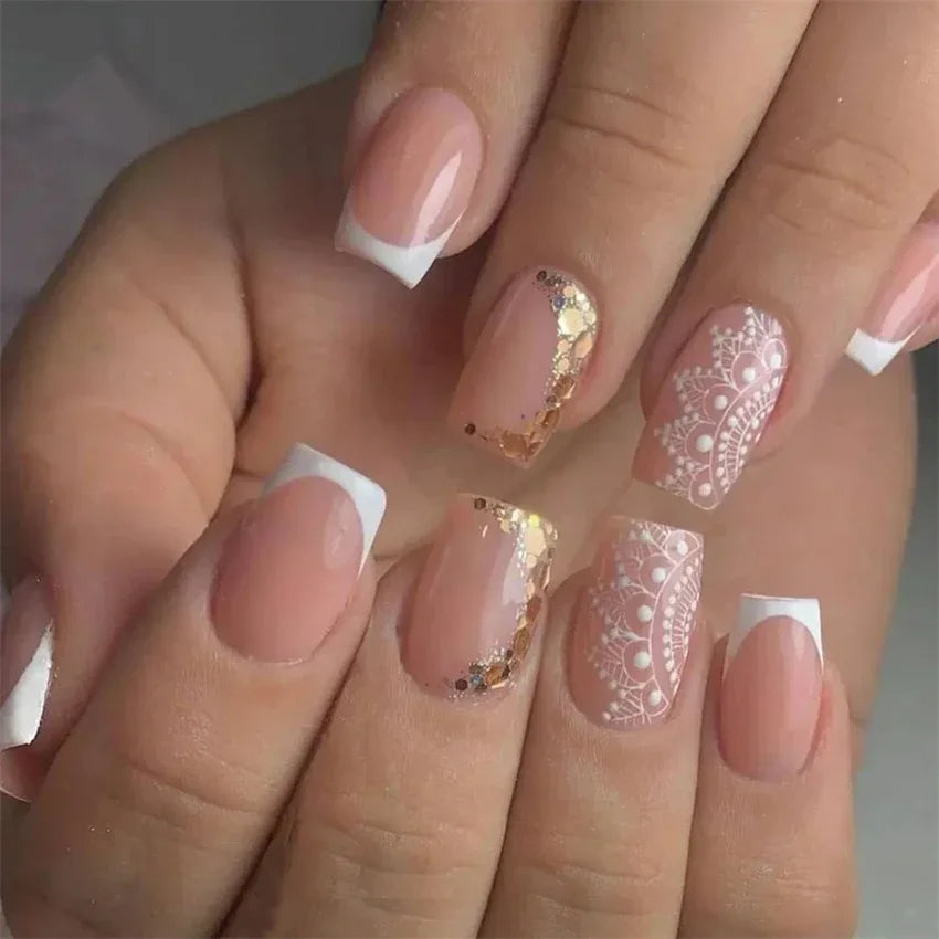 24P/set Medium Length French False Nails