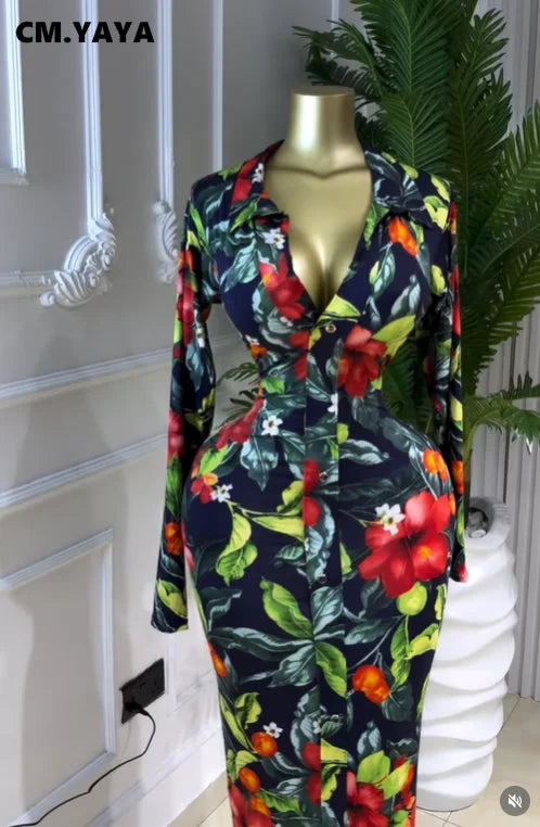 Full Sleeve Floral Print Bodycon Long Dress