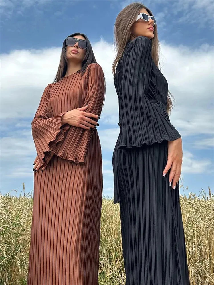 Long Sleeve Ruffled Lace-Up Ribbed Maxi Dress