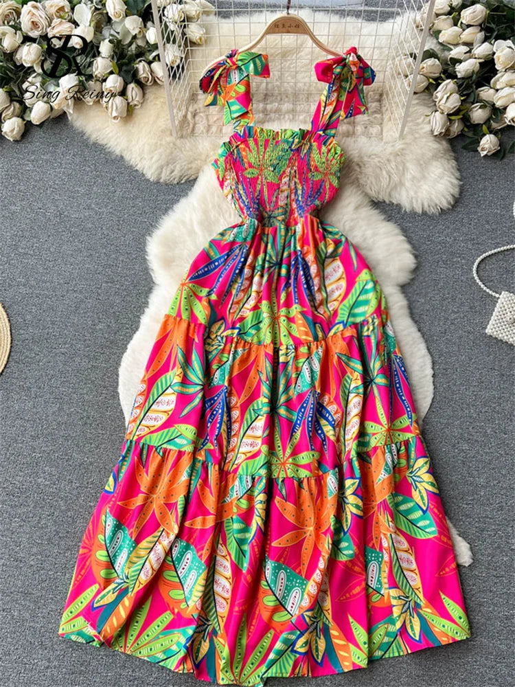 Summer Vacation Spaghetti Strap Long Sleeveless Ruched Elastic Backless Dress