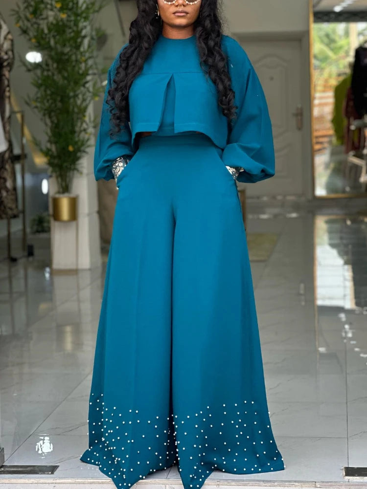 O Neck Long Lantern Sleeve Tops Embroidered Flares Wide Leg Trousers