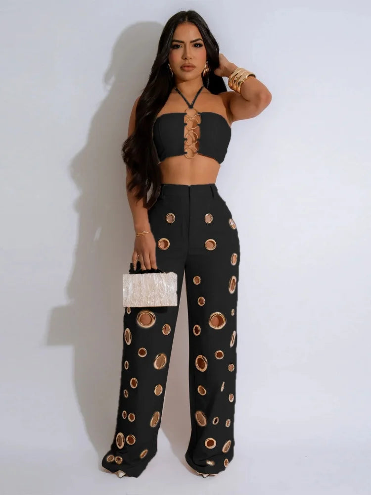 Two Piece Club Set – Cutout Crop Top & Matching Pants for Summer Nights