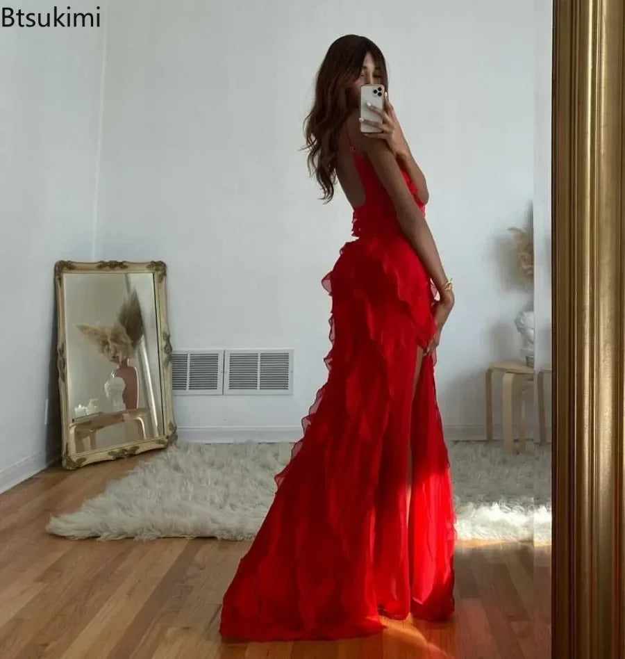 2025  Ruffles Chiffon Maxi Dresses
