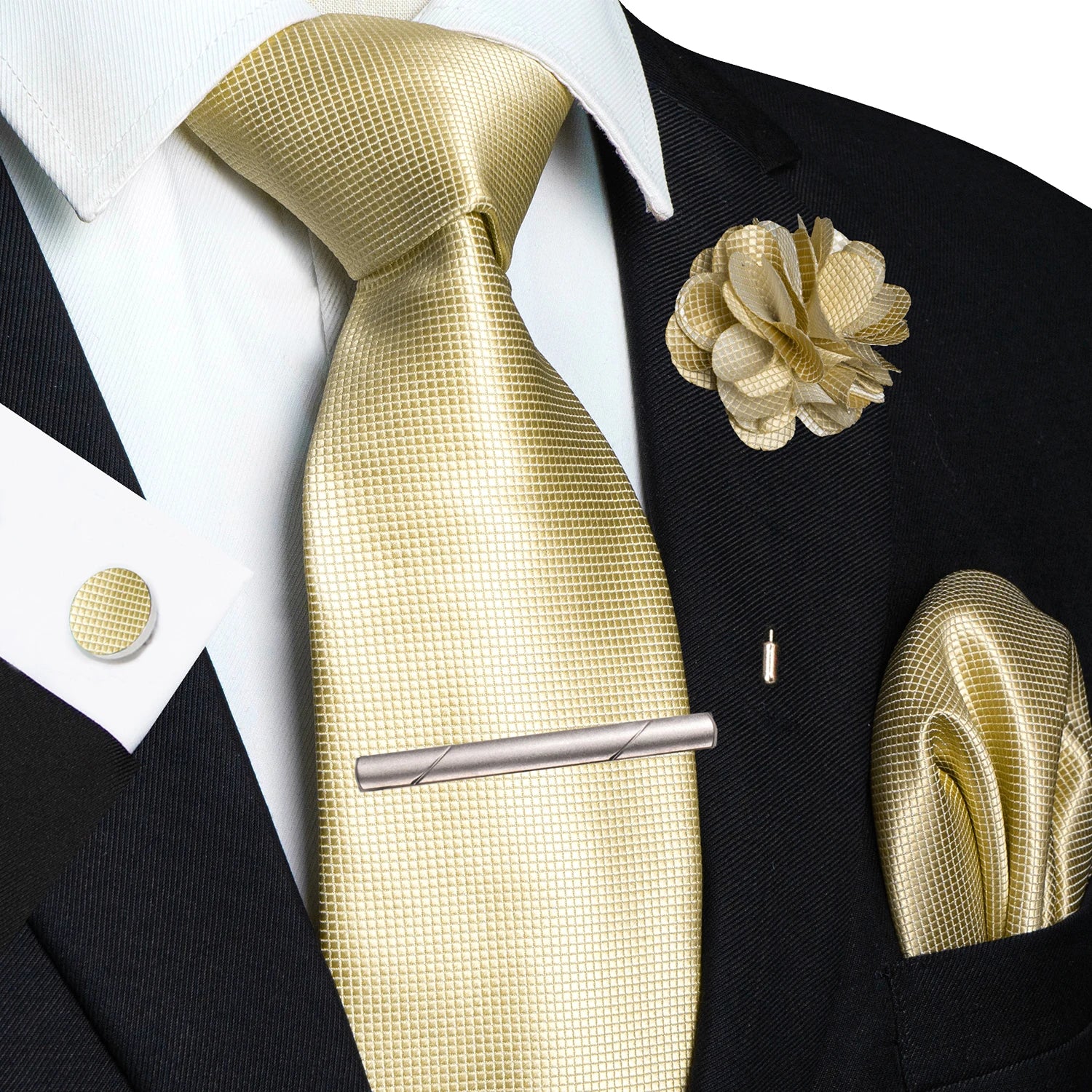 Brown Yellow Plaid Silk Tie Set for Men