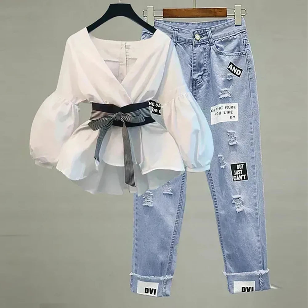 Women’s Elegant V‑Neck Chiffon Top & Korean Ripped Jeans Set