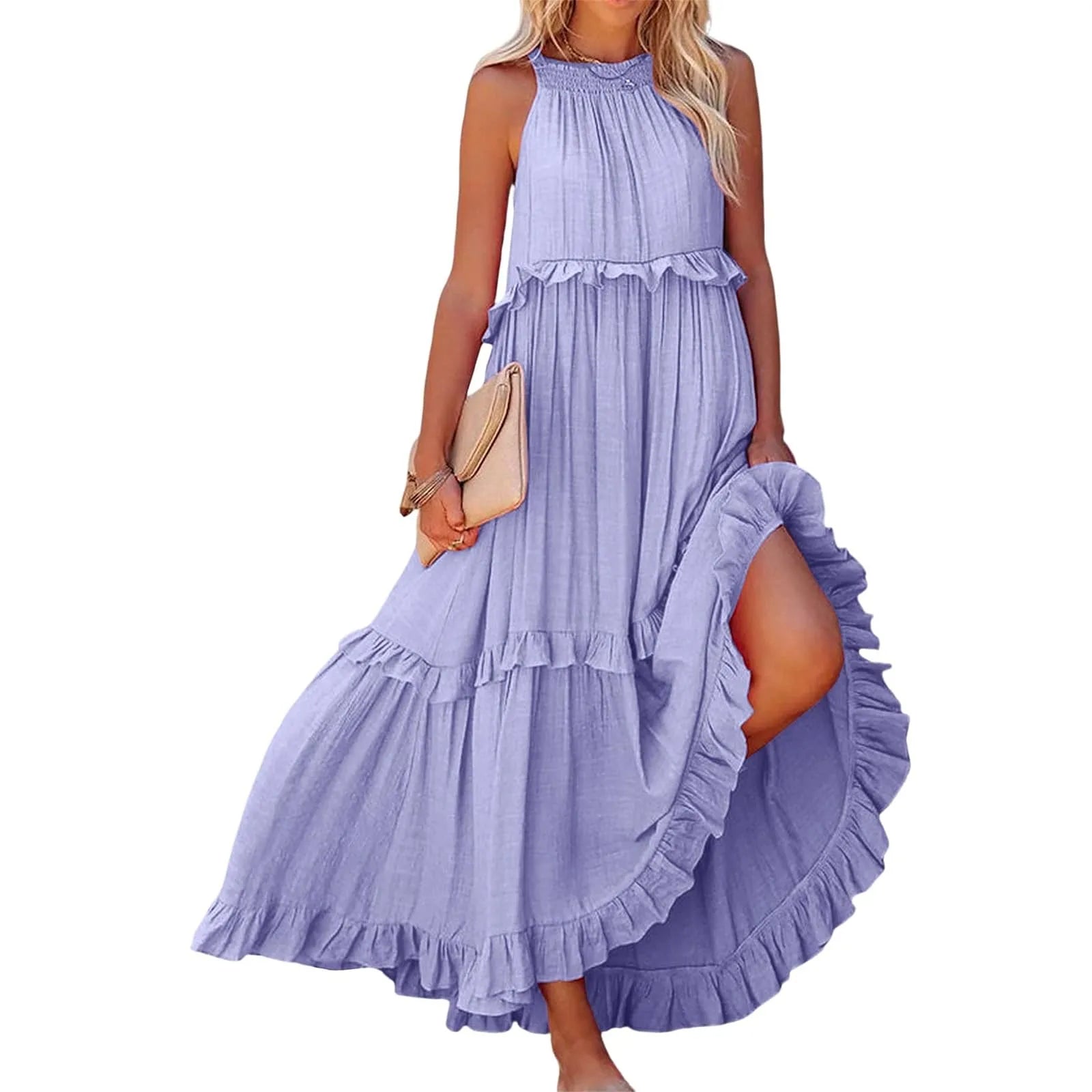 Long Summer Round Neck Flounce Pleated Romantic Big Swing Beach Dresses