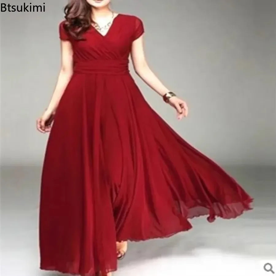 2025 Women's V Neck Short Sleeve Evening Party Dress Temperament Solid Colour Long Cocktail Chiffon High Waist Summer Dresses