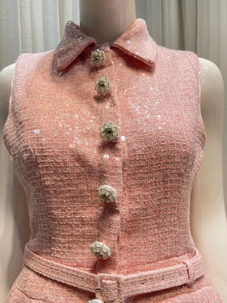 Tweed Sequins Spliced Lapel Lace-up Sleeveless Belt Coat Pleated Mini Skirts Set