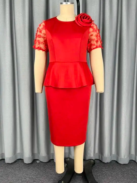 Elegant Church O Neck Sheer Sleeves with 3D Flower Classy Big Flower Peplum Dress