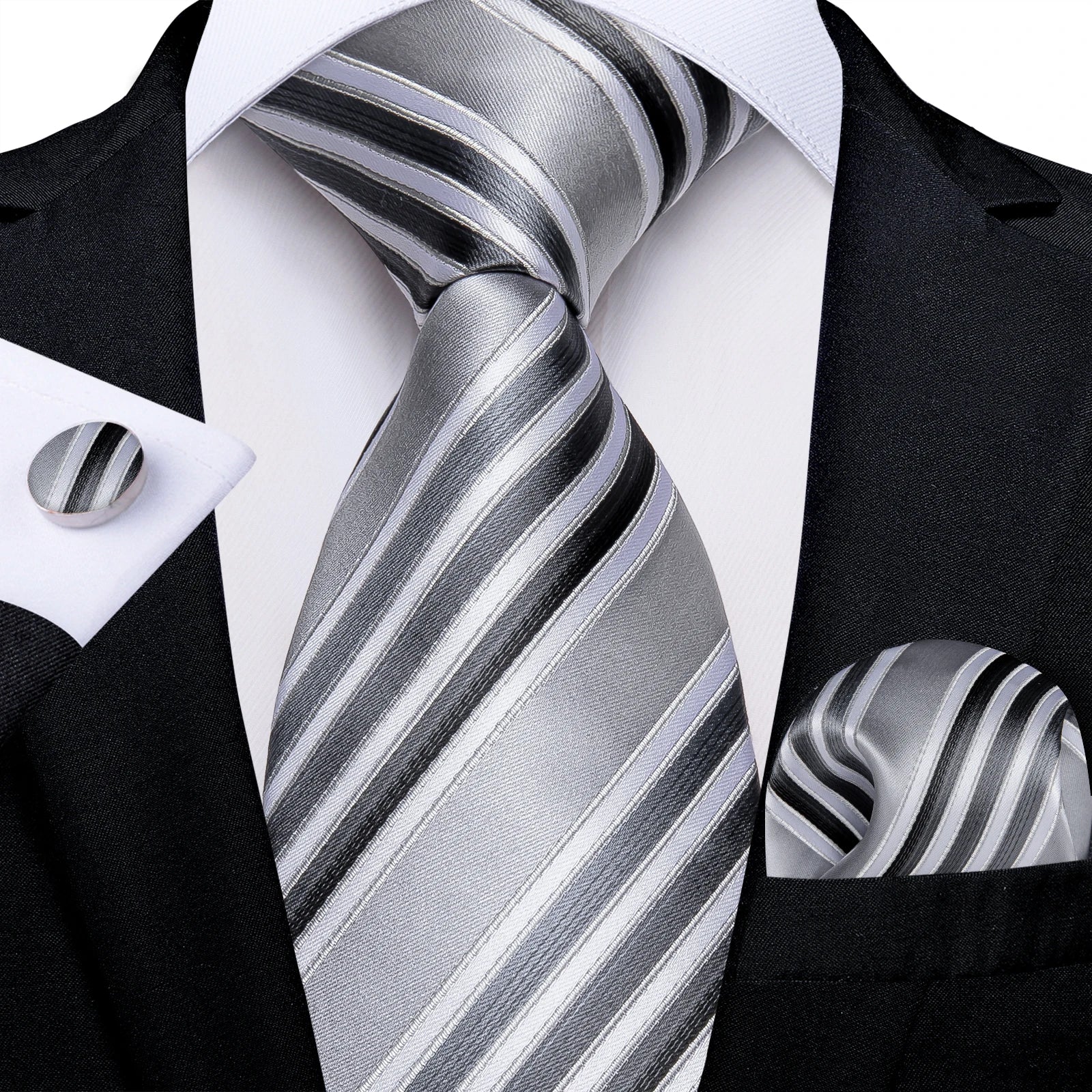 Teal Blue & White Striped Silk Tie Set for Men