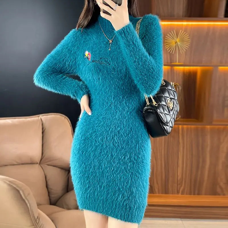 Imitation Mink Fleece Autumn Winter New Plush Slim Sweater Dress