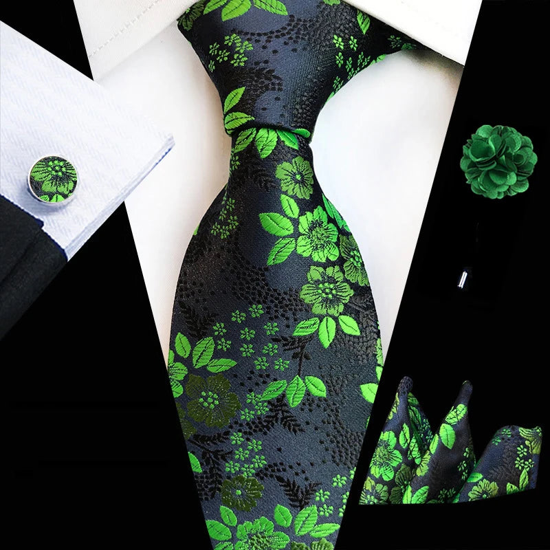 Floral  Neck Tie Set Handkerchief Brooch Cufflinks Men Accessories