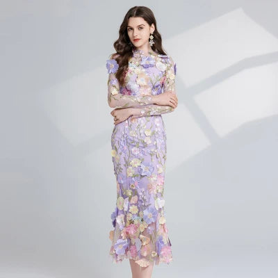Summer High-end Embroidery Lace 3D Flower Short Sleeve Long Dress