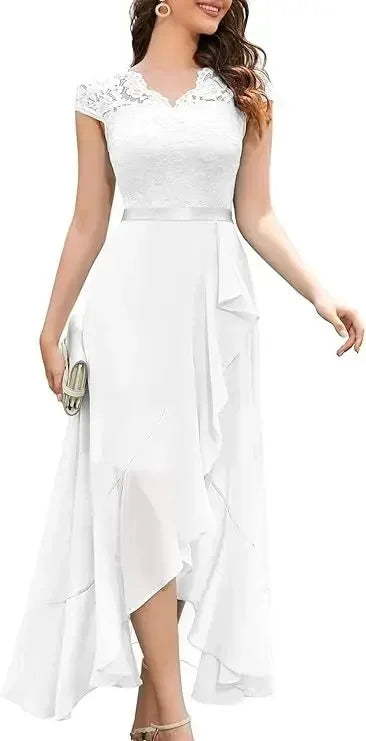 2026 V Neck Short Sleeve  Lace Splice Ruffles Chiffon Irregular Dress