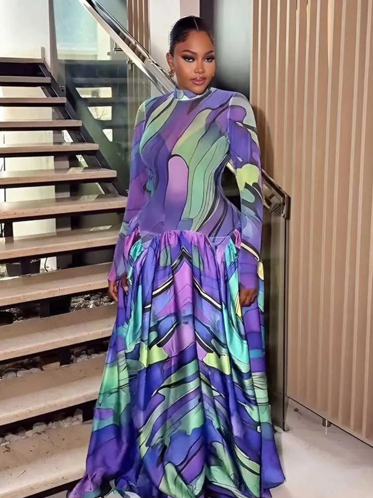 Spring & Summer Elegant Abstract Print Maxi Dress