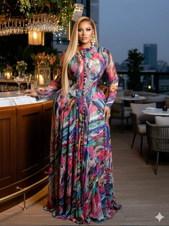 O-neck Long Sleeve Big Swing Tie Dye Print Long Dress