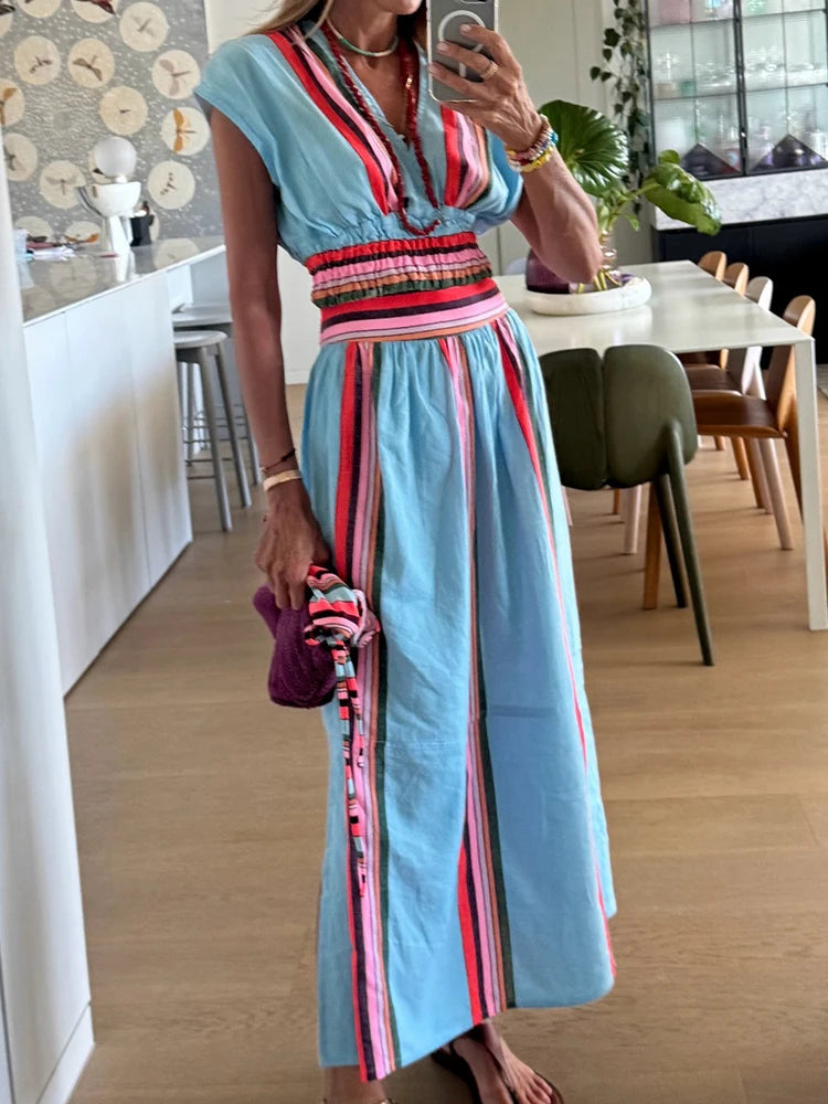 2PCS Women’s Holiday V-Neck Crop Top & Maxi Skirt Set