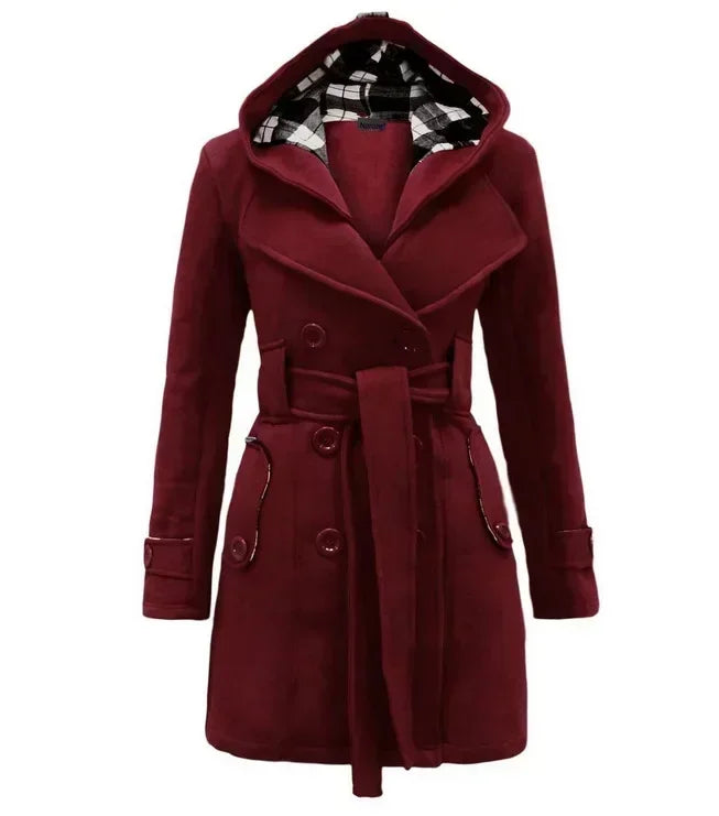 2026 Autumn Hooded  Double-Breasted Design Belt Side Pockets Plaid Splice Woolen Coats