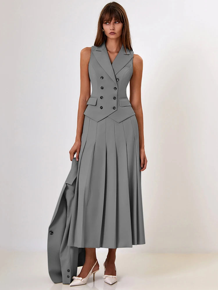 Notched Collar Pleated T Single Breasted Vest High Slit Skirt