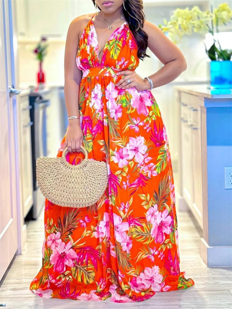 Summer Floral Print V Neck Multi Sleeveless Maxi Dresses – Shequila's Fashions