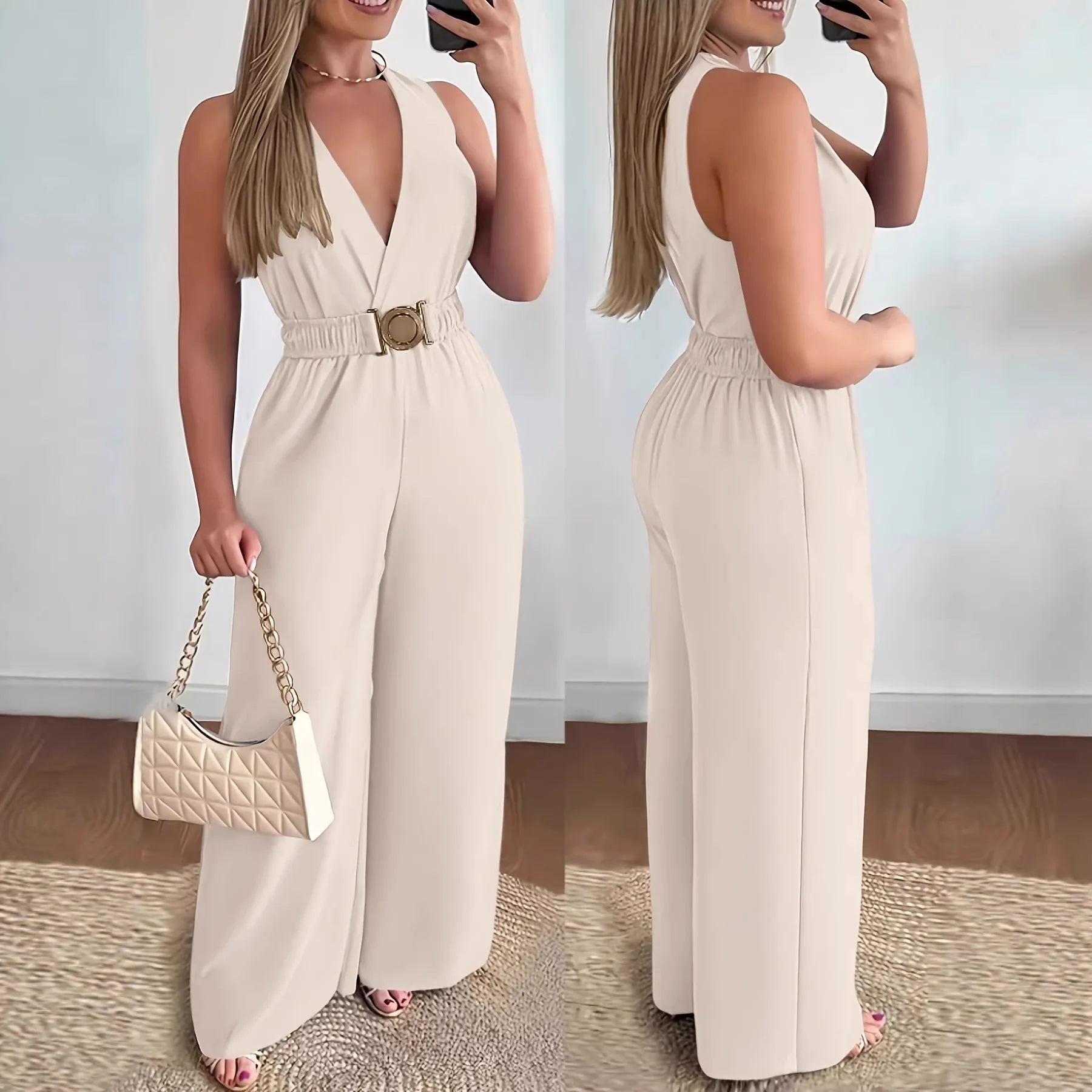 Deep V-Neck Wide-Leg Jumpsuit for Women