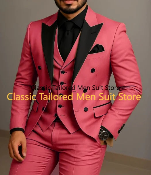 Beige Double Breasted Suit  Black Lapel  Slim Fit Wedding Suit