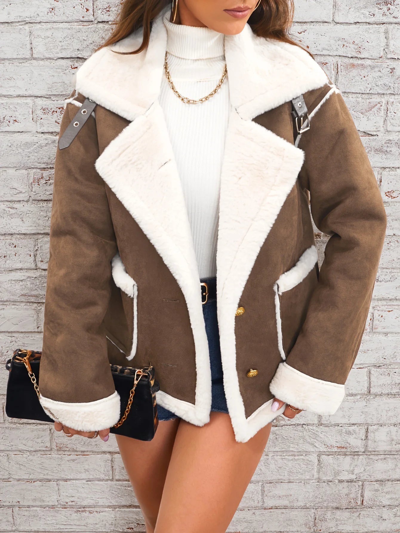Turn Down Collar Shearling Jacket Casual Short Coat