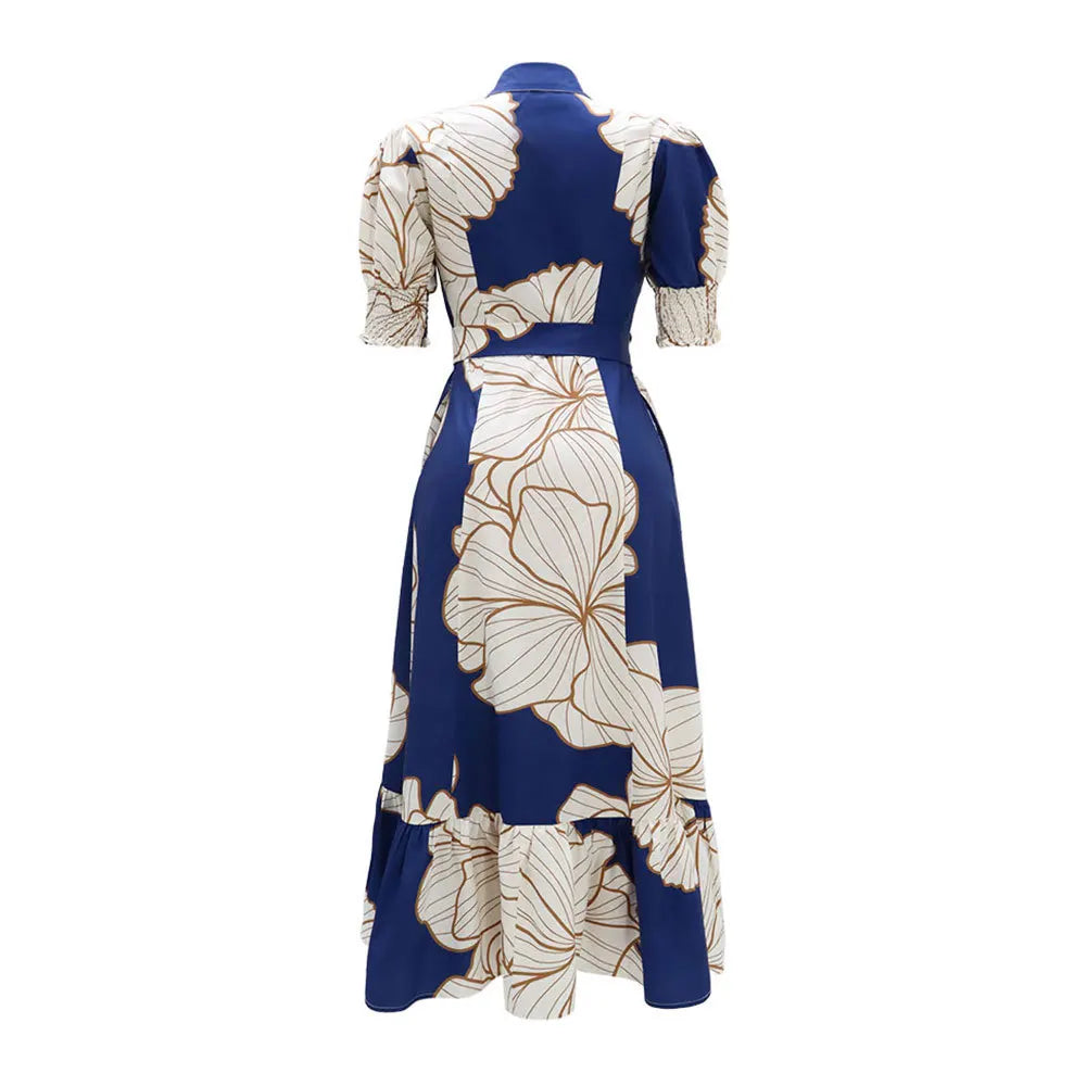 Long Print Elegant Office A Line Half Sleeves High Waist Maxi Dress
