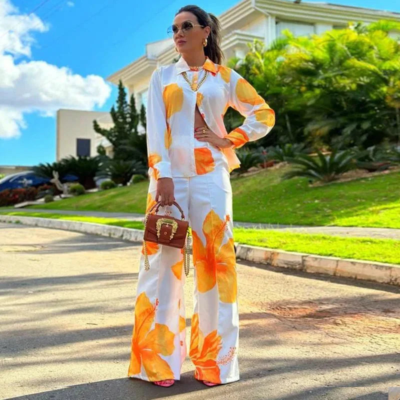 Floral Fashion Printed Shirt Spring Autumn Wide Leg Pants Two-piece Set