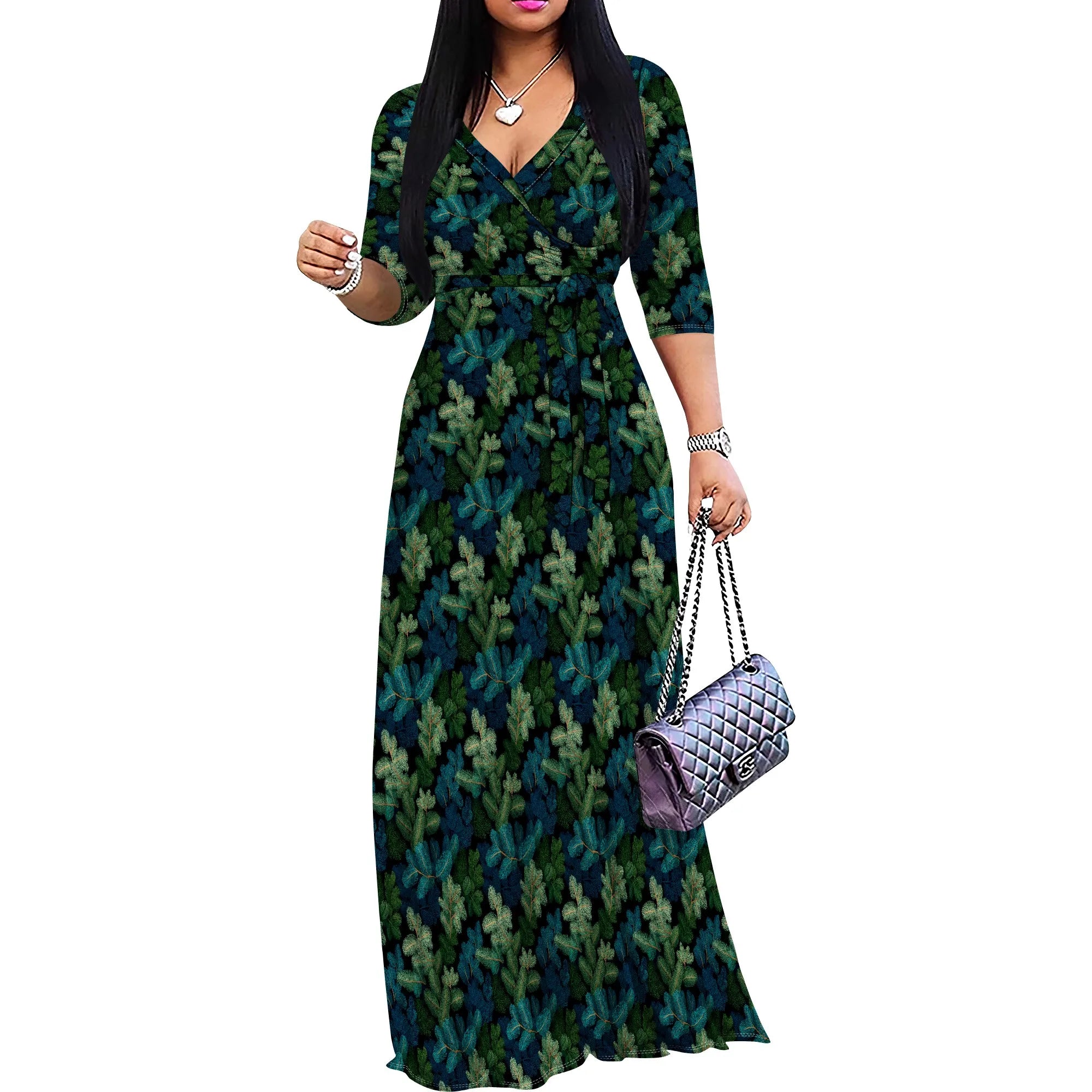 Tropical Leaf Print V-Neck Maxi Dress